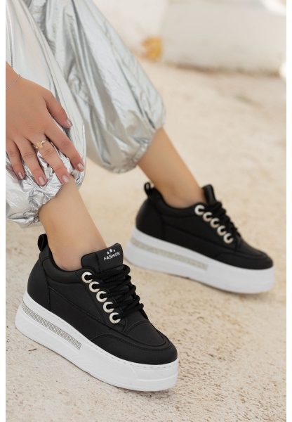 LQZ Shoes Lulu Siyah Cilt Beyaz Tabanlı Bağcıklı Spor Ayakkabı