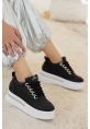 LQZ Shoes Lulu Siyah Cilt Beyaz Tabanlı Bağcıklı Spor Ayakkabı