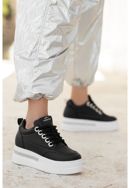 LQZ Shoes Lulu Siyah Cilt Beyaz Tabanlı Bağcıklı Spor Ayakkabı