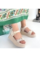 LQZ Shoes Luno Bej Cilt Kemerli Sandalet