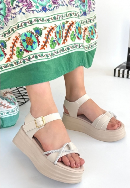 LQZ Shoes Luno Bej Cilt Kemerli Sandalet