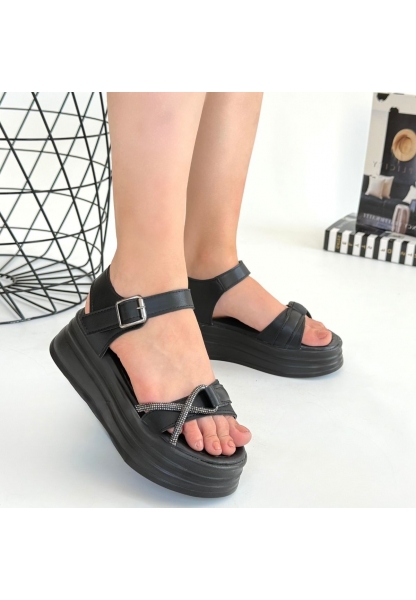 LQZ Shoes Luno Siyah Cilt Kemerli Sandalet