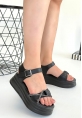 LQZ Shoes Luno Siyah Cilt Kemerli Sandalet
