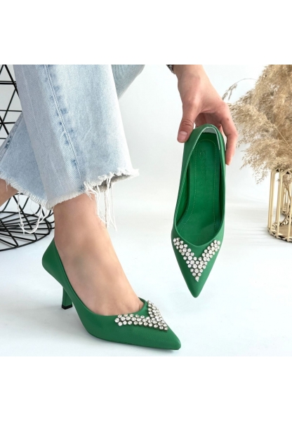 LQZ Shoes Mekta Yeşil Cilt Topuklu Ayakkabı