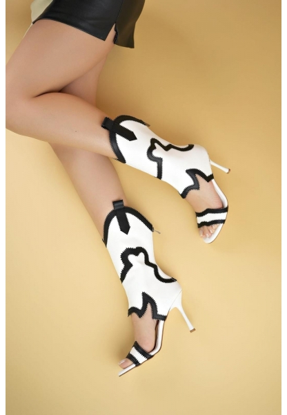 LQZ Shoes Merliya Beyaz Cilt Desenli Bootie