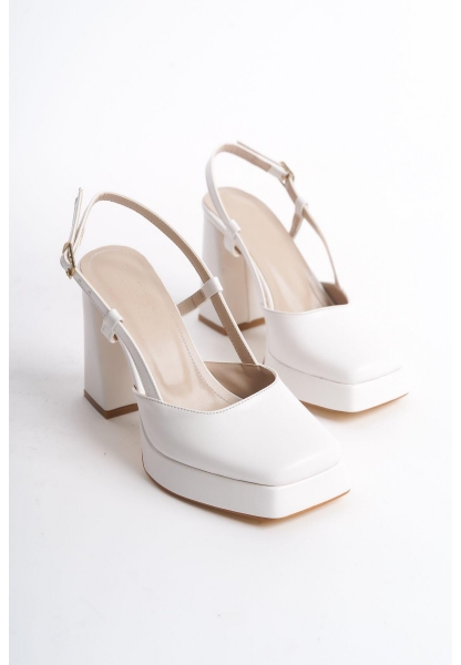 LQZ Shoes Mety Beyaz Cilt Topuklu Ayakkabı