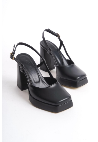 LQZ Shoes Mety Siyah Cilt Topuklu Ayakkabı