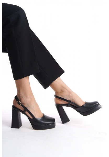 LQZ Shoes Mety Siyah Cilt Topuklu Ayakkabı