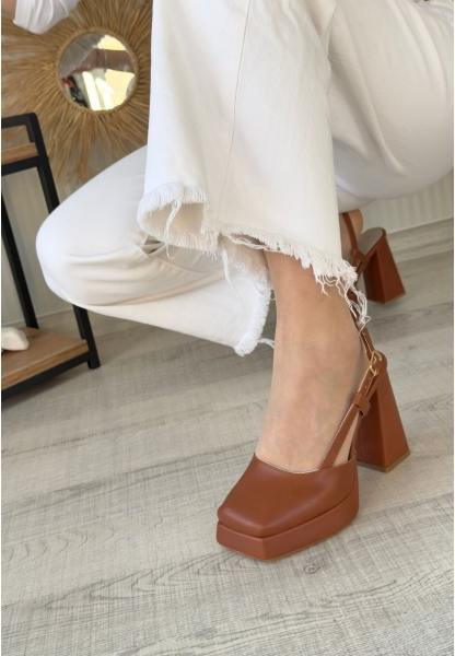 LQZ Shoes Mety Taba Cilt Topuklu Ayakkabı