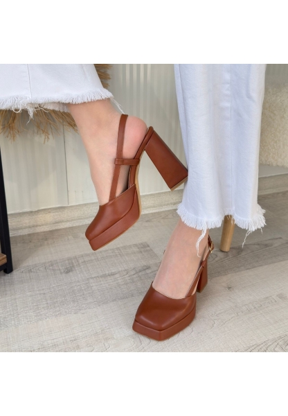 LQZ Shoes Mety Taba Cilt Topuklu Ayakkabı