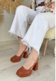 LQZ Shoes Mety Taba Cilt Topuklu Ayakkabı