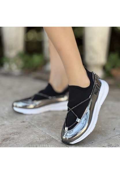 LQZ Shoes Mikay Platin Rugan Streş Detaylı Spor Ayakkabı
