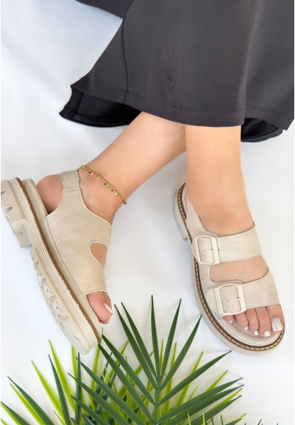 LQZ Shoes Milta Bej Nubuk Sandalet