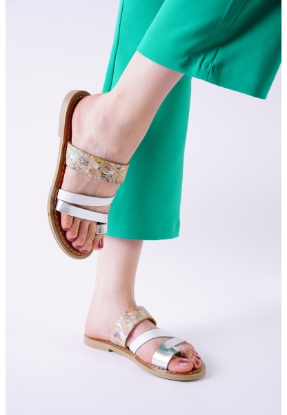 LQZ Shoes Minne Beyaz Şeritli Cilt Terlik