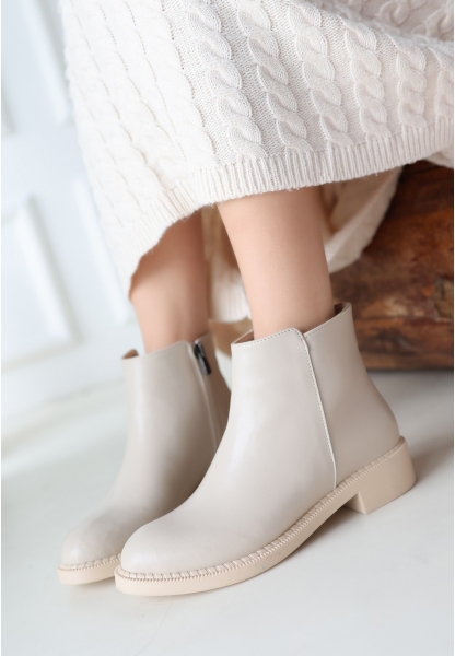 LQZ Shoes Moed Bej Cilt Topuklu Bot