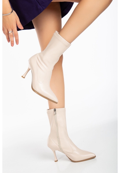LQZ Shoes Moert Bej Cilt Streç Topuklu Bot