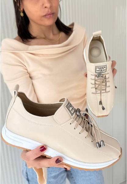 LQZ Shoes Monya Bej Cilt Bağcıklı Spor Ayakkabı