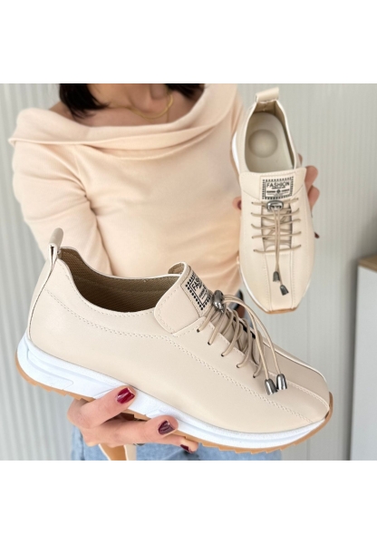 LQZ Shoes Monya Bej Cilt Bağcıklı Spor Ayakkabı
