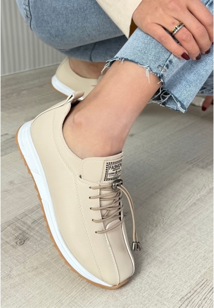 LQZ Shoes Monya Bej Cilt Bağcıklı Spor Ayakkabı