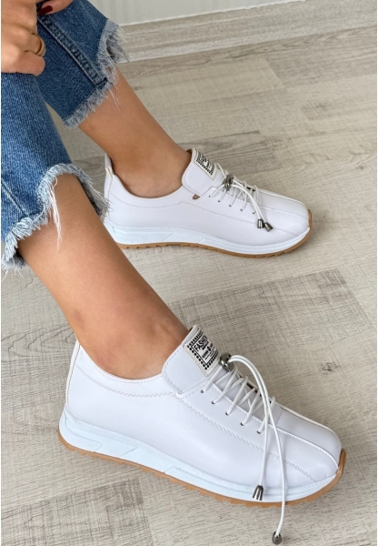 LQZ Shoes Monya Beyaz Cilt Bağcıklı Spor Ayakkabı