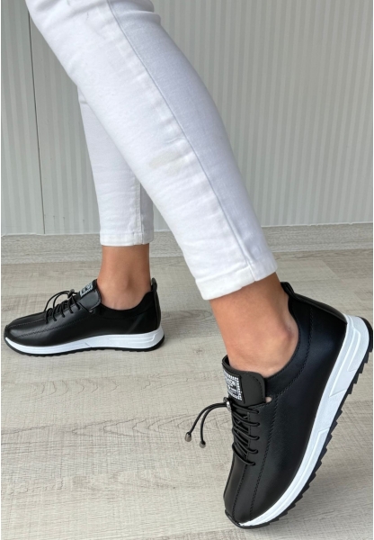 LQZ Shoes Monya Siyah Cilt Bağcıklı Spor Ayakkabı
