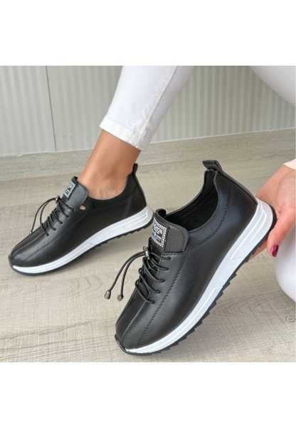 LQZ Shoes Monya Siyah Cilt Bağcıklı Spor Ayakkabı