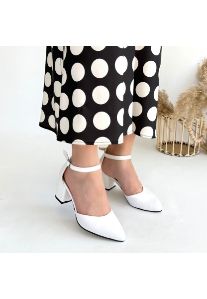 LQZ Shoes Mulen Beyaz Cilt Topuklu Ayakkabı