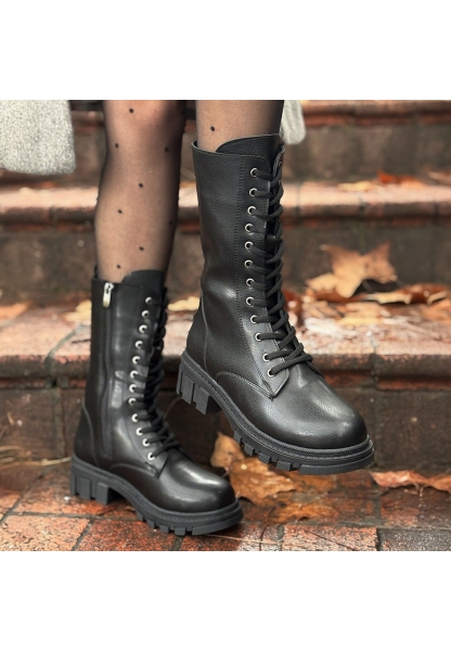 LQZ Shoes Nabah Siyah Cilt Bağcıklı Bot