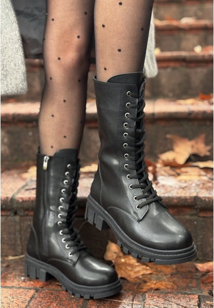 LQZ Shoes Nabah Siyah Cilt Bağcıklı Bot