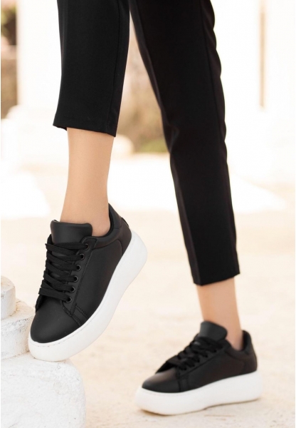 LQZ Shoes Nommi Siyah Cilt Bağcıklı Spor Ayakkabı