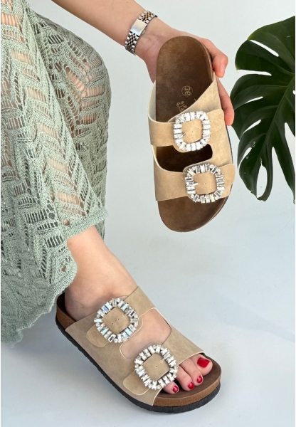LQZ Shoes Nool Bej Nubuk Terlik