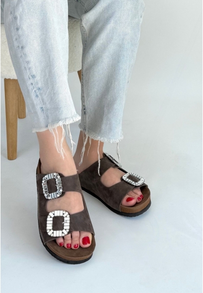LQZ Shoes Nool Kahverengi Nubuk Terlik