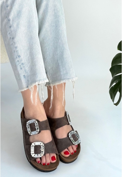 LQZ Shoes Nool Kahverengi Nubuk Terlik