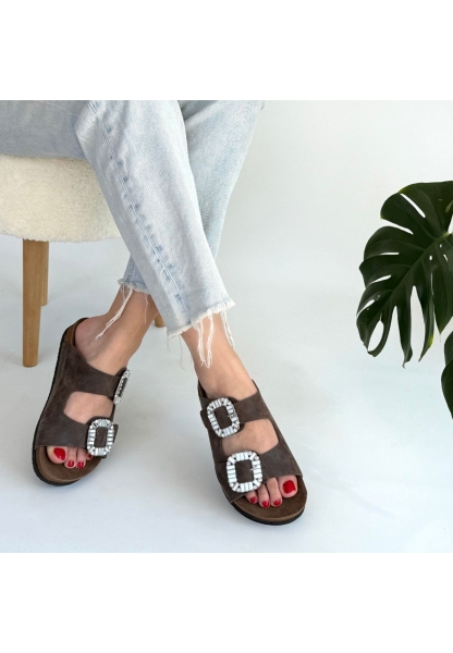 LQZ Shoes Nool Kahverengi Nubuk Terlik