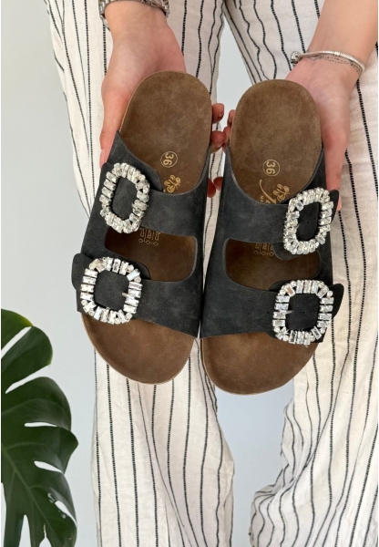 LQZ Shoes Nool Siyah Nubuk Terlik