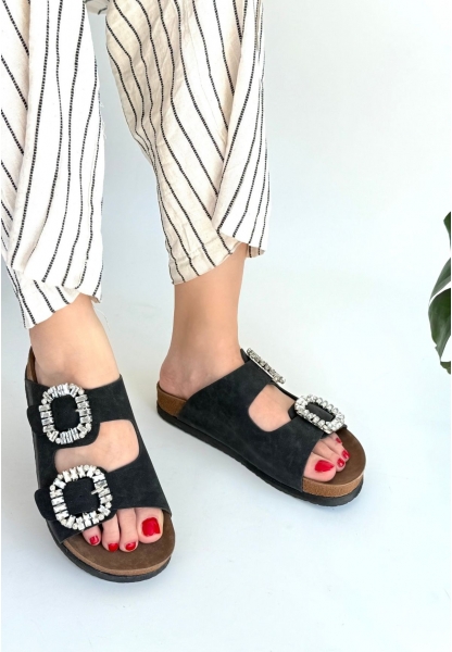 LQZ Shoes Nool Siyah Nubuk Terlik