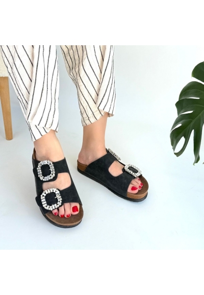 LQZ Shoes Nool Siyah Nubuk Terlik