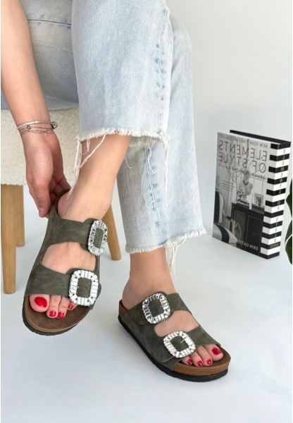 LQZ Shoes Nool Yeşil Nubuk Terlik