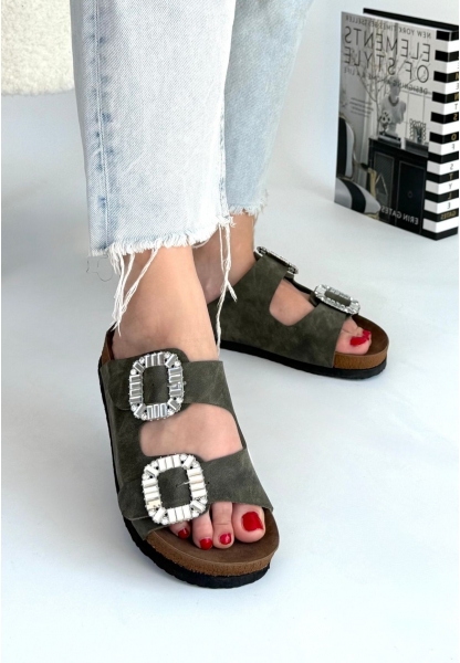 LQZ Shoes Nool Yeşil Nubuk Terlik