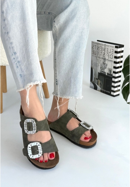 LQZ Shoes Nool Yeşil Nubuk Terlik