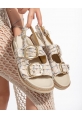 LQZ Shoes Olira Bej Simli Kemerli Sandalet