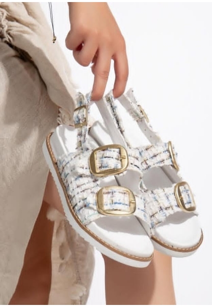 LQZ Shoes Olira Beyaz Simli Kemerli Sandalet