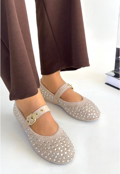 LQZ Shoes Olise Bej Boncuk İşlemeli Babet Ayakkabı