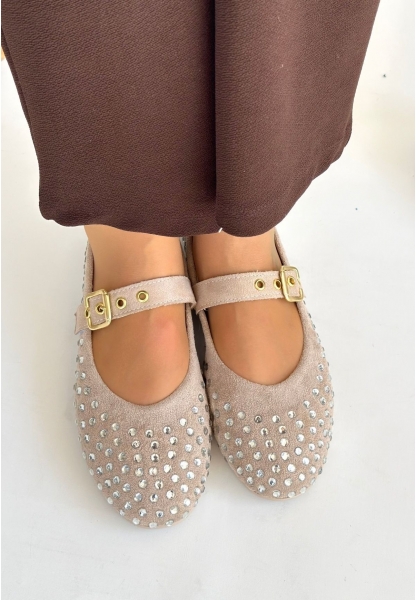 LQZ Shoes Olise Bej Boncuk İşlemeli Babet Ayakkabı