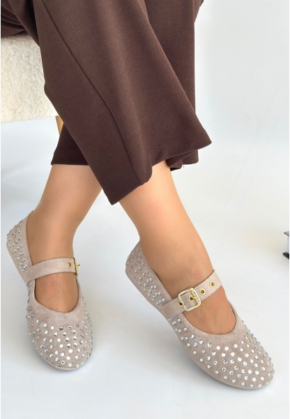 LQZ Shoes Olise Bej Boncuk İşlemeli Babet Ayakkabı