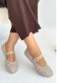 LQZ Shoes Olise Bej Boncuk İşlemeli Babet Ayakkabı
