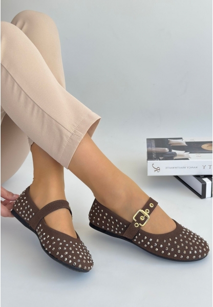 LQZ Shoes Olise Kahverengi Boncuk İşlemeli Babet Ayakkabı