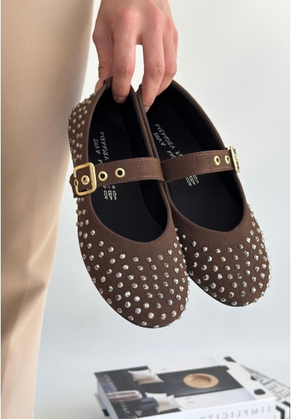 LQZ Shoes Olise Kahverengi Boncuk İşlemeli Babet Ayakkabı