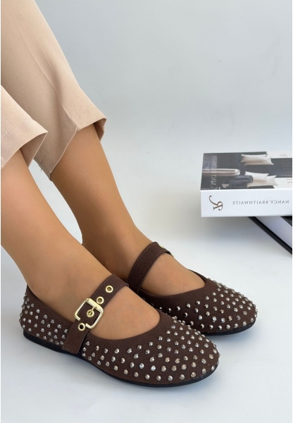 LQZ Shoes Olise Kahverengi Boncuk İşlemeli Babet Ayakkabı