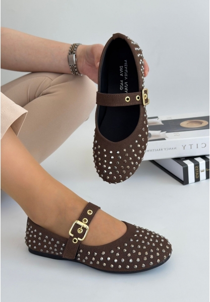 LQZ Shoes Olise Kahverengi Boncuk İşlemeli Babet Ayakkabı